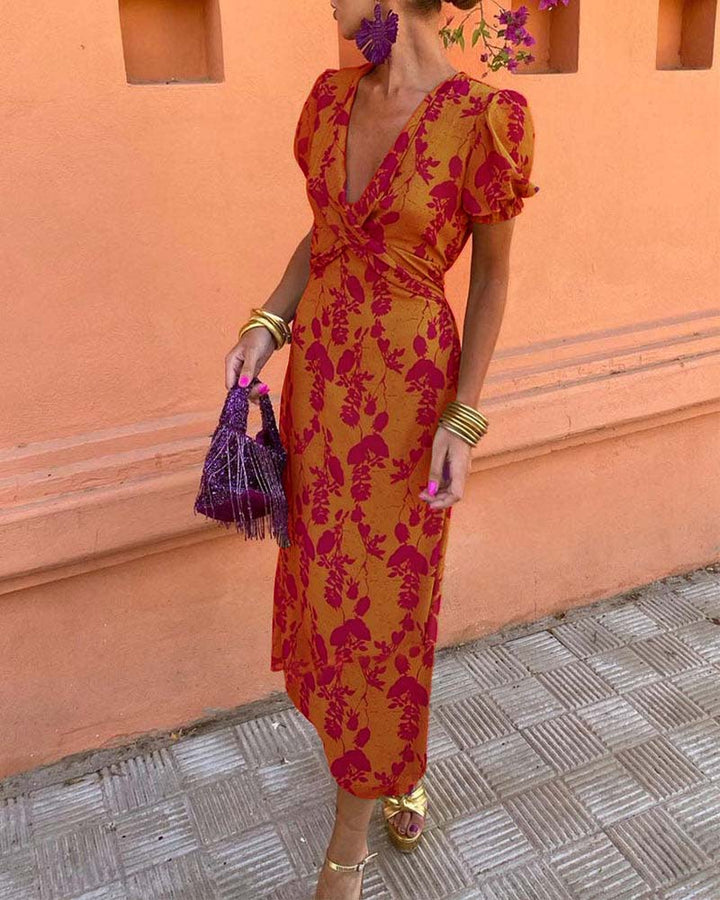Isla - Elegant Deep V-Neck Leaf Print Dress