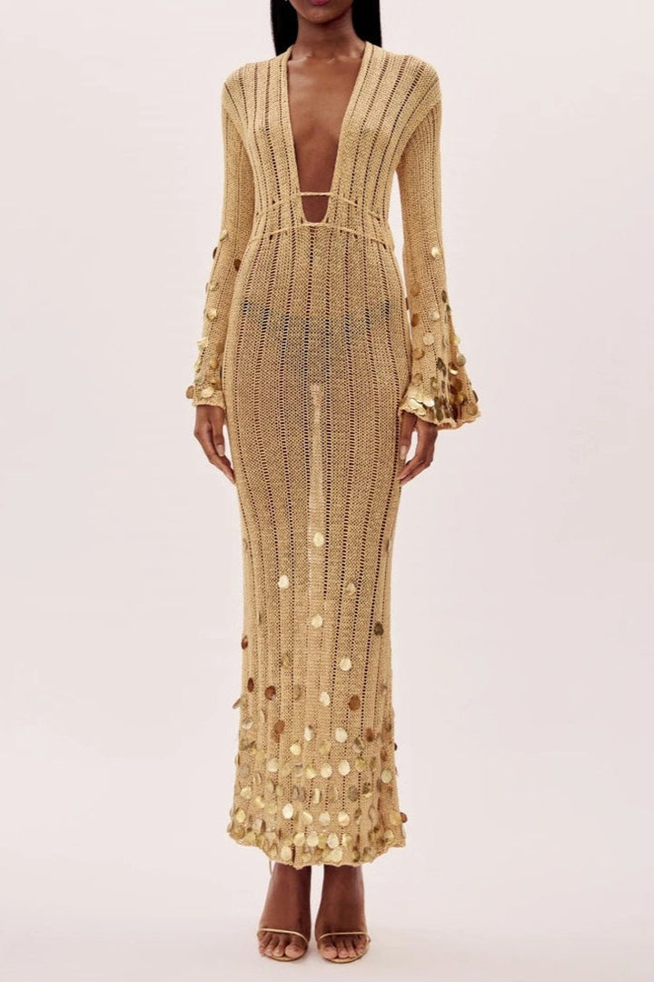 Tansy - Sequin Lace-Up Knitted Maxi Dress