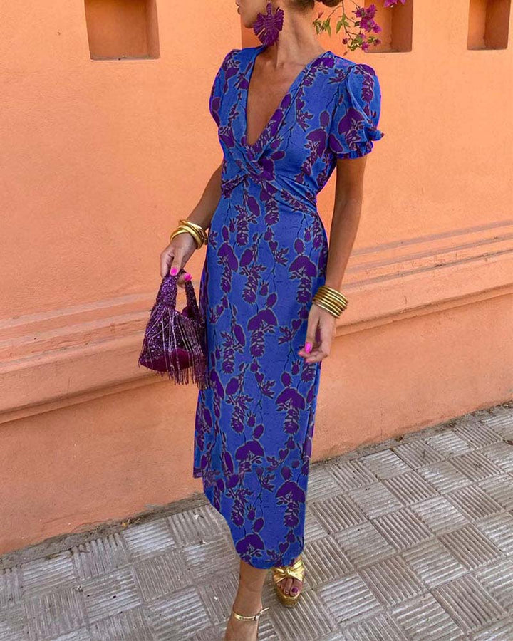 Isla - Elegant Deep V-Neck Leaf Print Dress