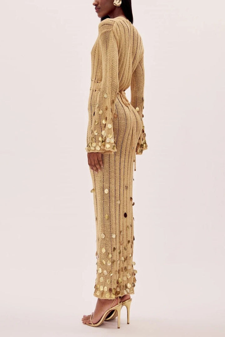 Tansy - Sequin Lace-Up Knitted Maxi Dress
