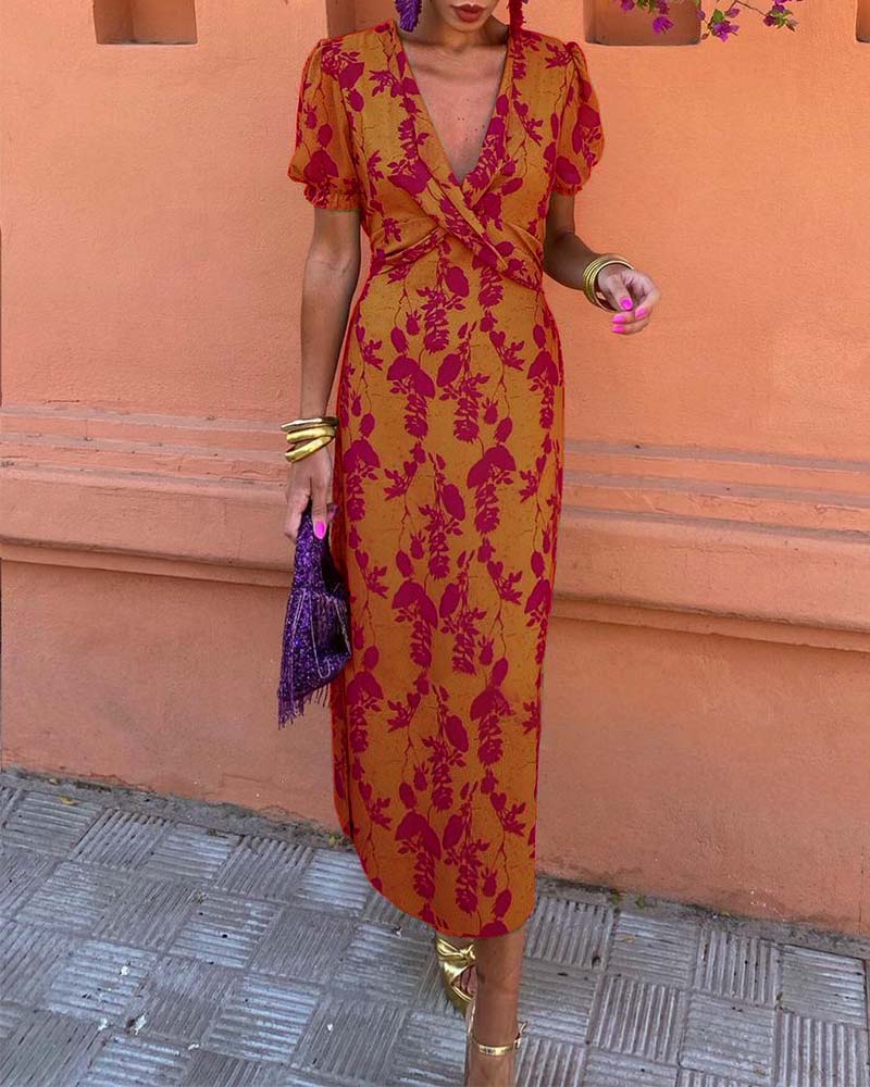 Isla - Elegant Deep V-Neck Leaf Print Dress