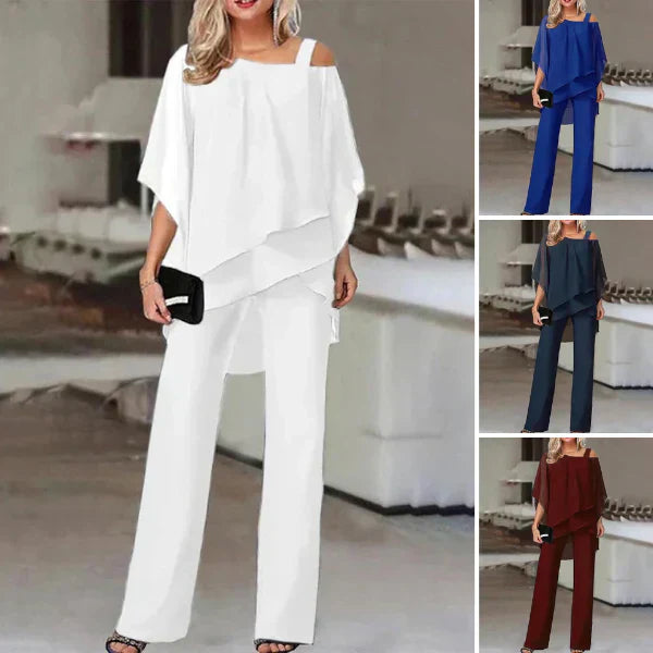 Lenno - Casual Off-Shoulder Batwing Sleeve Top & Trousers Set