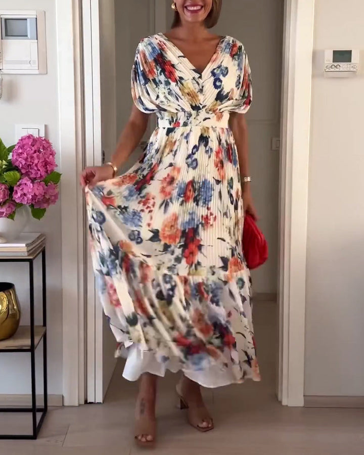 Freya - Elegant V-Neck Pleated Long Bohemian Dress