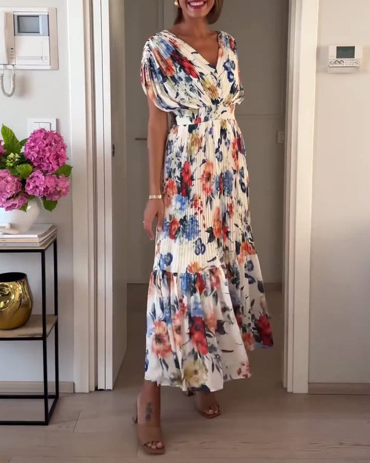 Freya - Elegant V-Neck Pleated Long Bohemian Dress