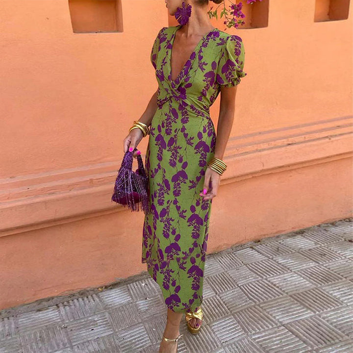 Isla - Elegant Deep V-Neck Leaf Print Dress