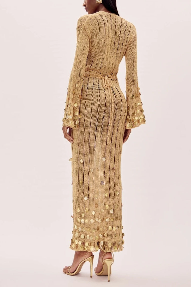 Tansy - Sequin Lace-Up Knitted Maxi Dress