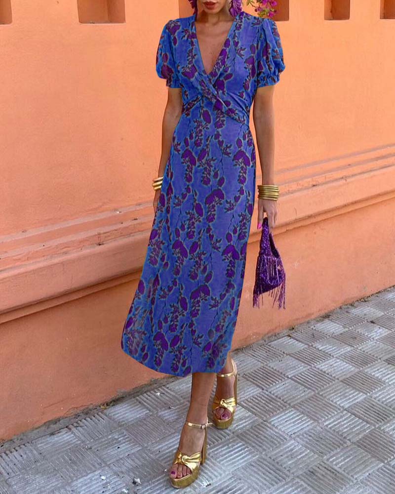 Isla - Elegant Deep V-Neck Leaf Print Dress