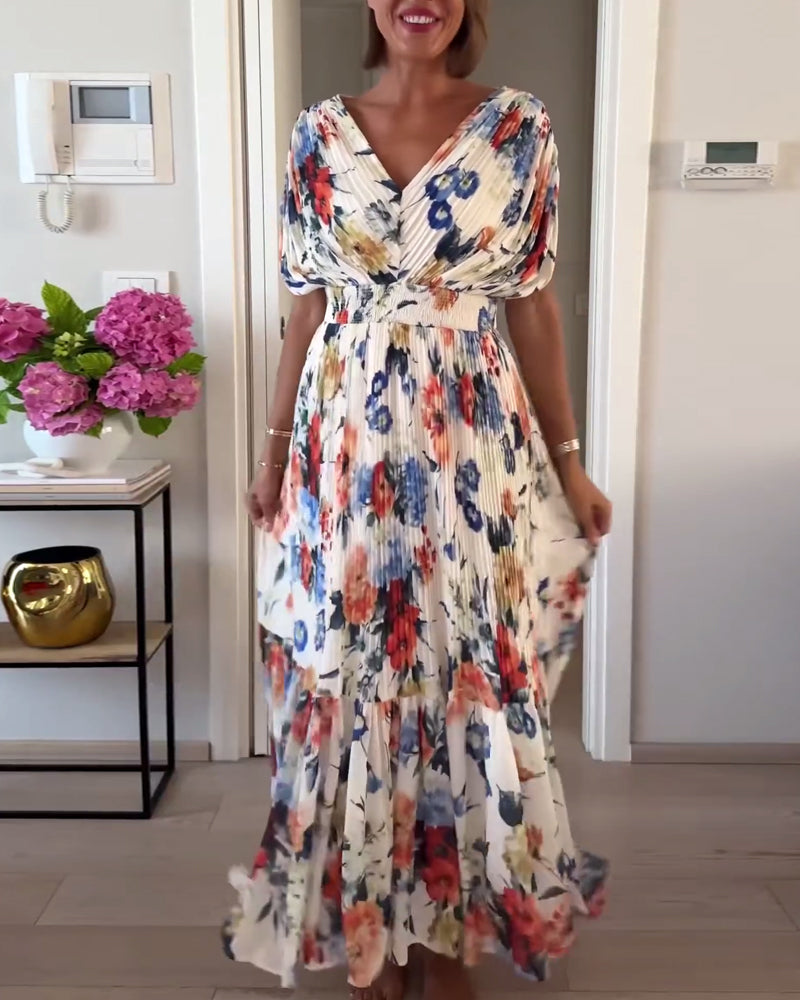 Freya - Elegant V-Neck Pleated Long Bohemian Dress