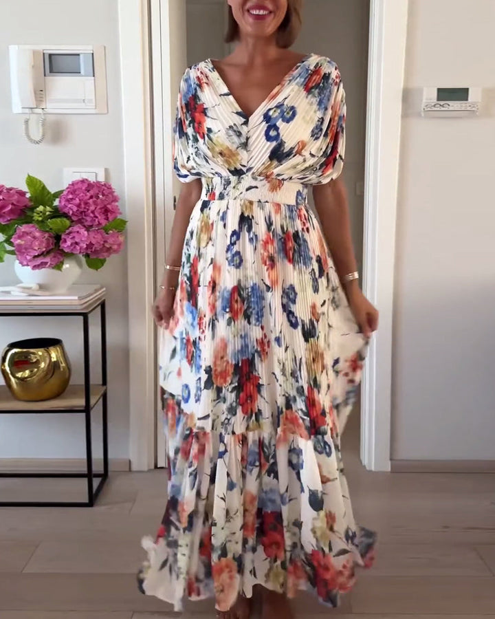 Freya - Elegant V-Neck Pleated Long Bohemian Dress