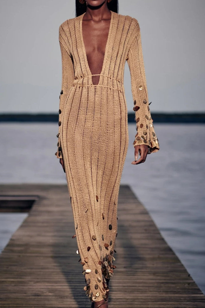 Tansy - Sequin Lace-Up Knitted Maxi Dress