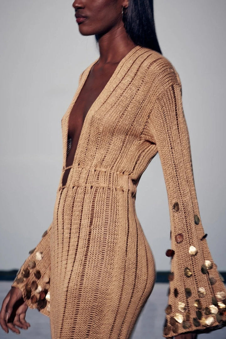 Tansy - Sequin Lace-Up Knitted Maxi Dress