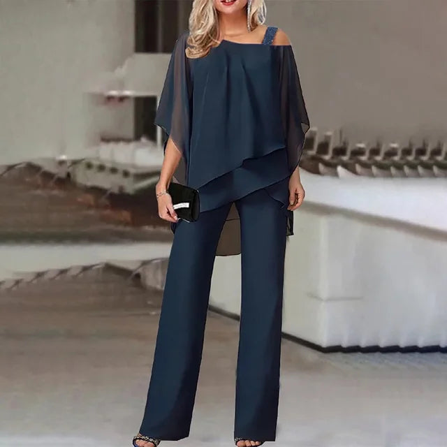 Lenno - Casual Off-Shoulder Batwing Sleeve Top & Trousers Set