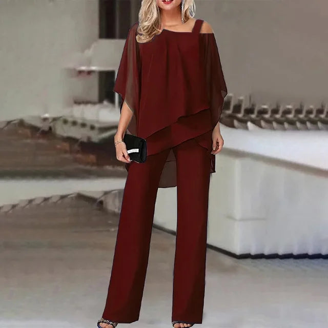 Lenno - Casual Off-Shoulder Batwing Sleeve Top & Trousers Set