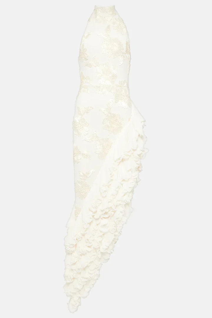 Kismet - Elegant Floral Appliqué Cascading Ruffle Hem Dress
