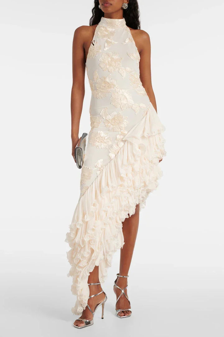 Kismet - Elegant Floral Appliqué Cascading Ruffle Hem Dress