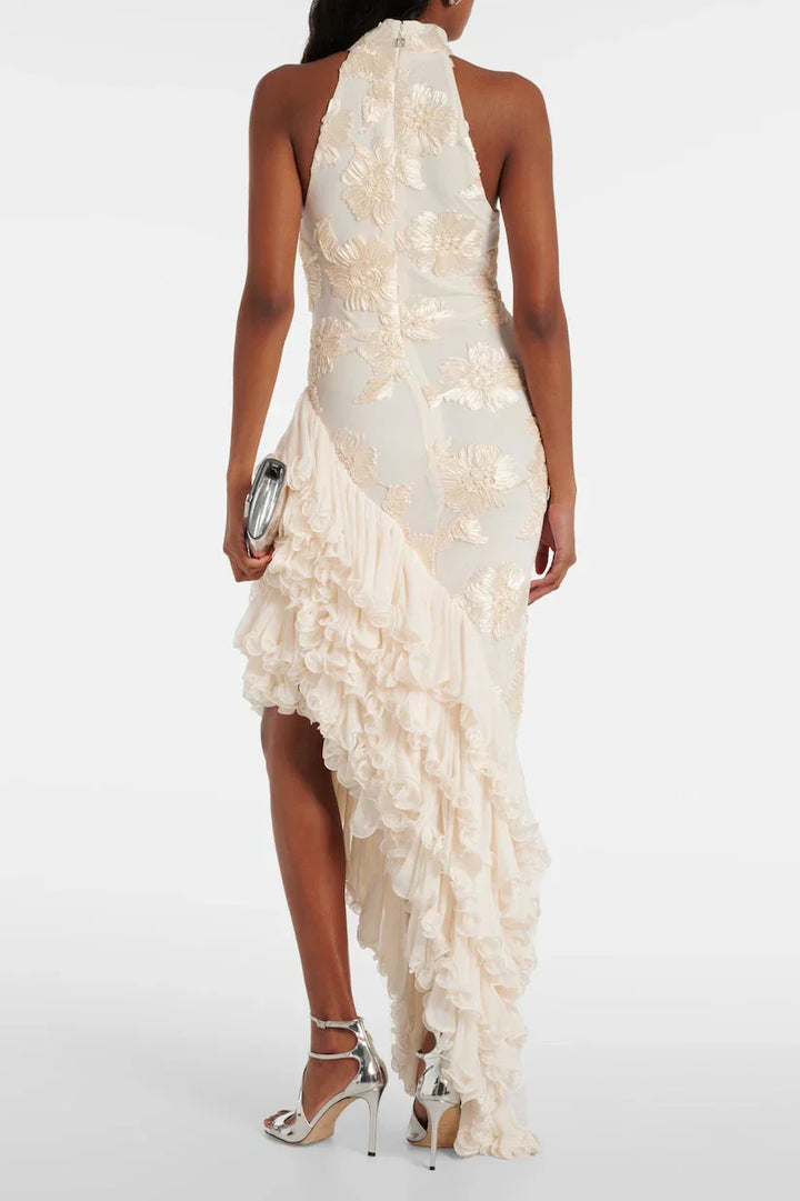 Kismet - Elegant Floral Appliqué Cascading Ruffle Hem Dress
