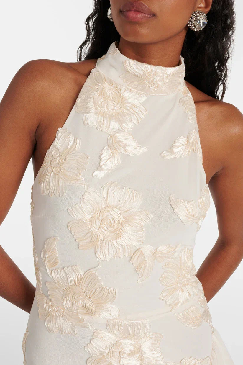 Kismet - Elegant Floral Appliqué Cascading Ruffle Hem Dress