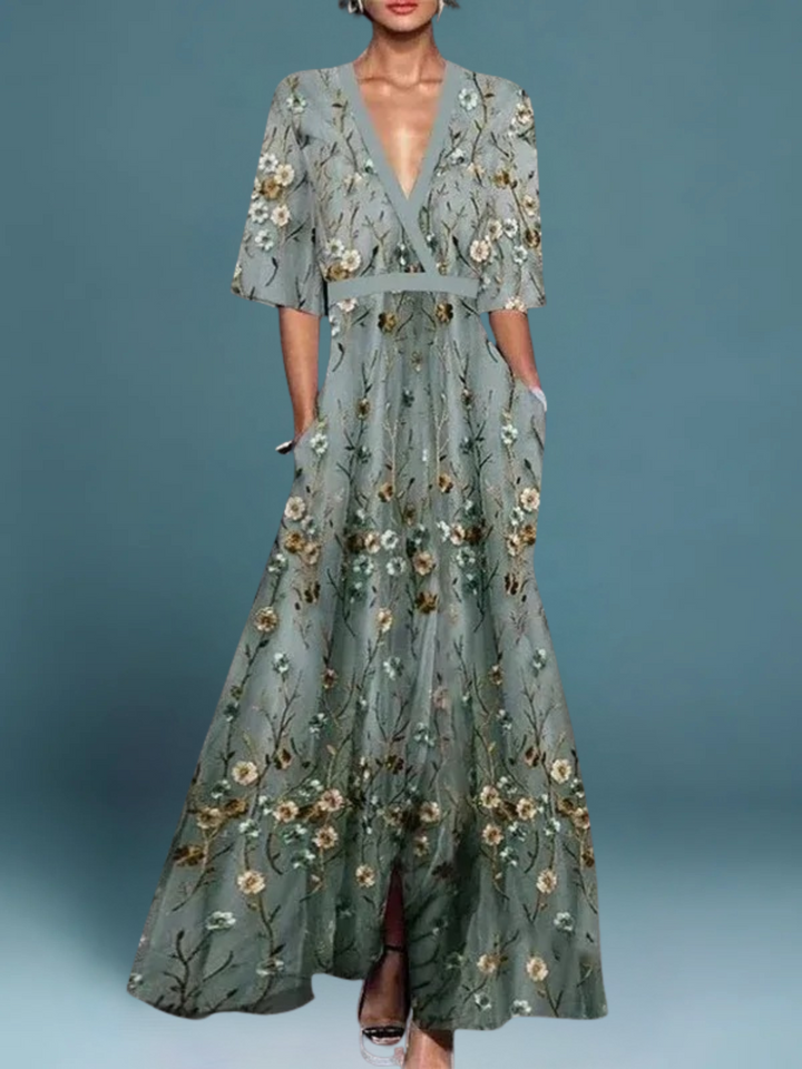 GALATEA - ELEGANT V-NECK BELTED BOHO DRESS