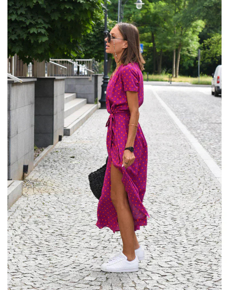 ROSALIND - ELEGANT V-NECK DRESS WITH MIDRIFF COVERAGE