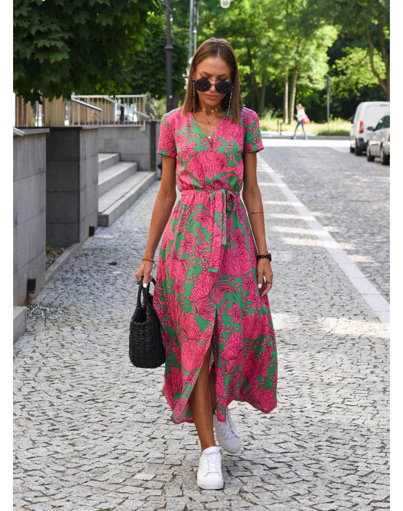 ROSALIND - ELEGANT V-NECK DRESS WITH MIDRIFF COVERAGE