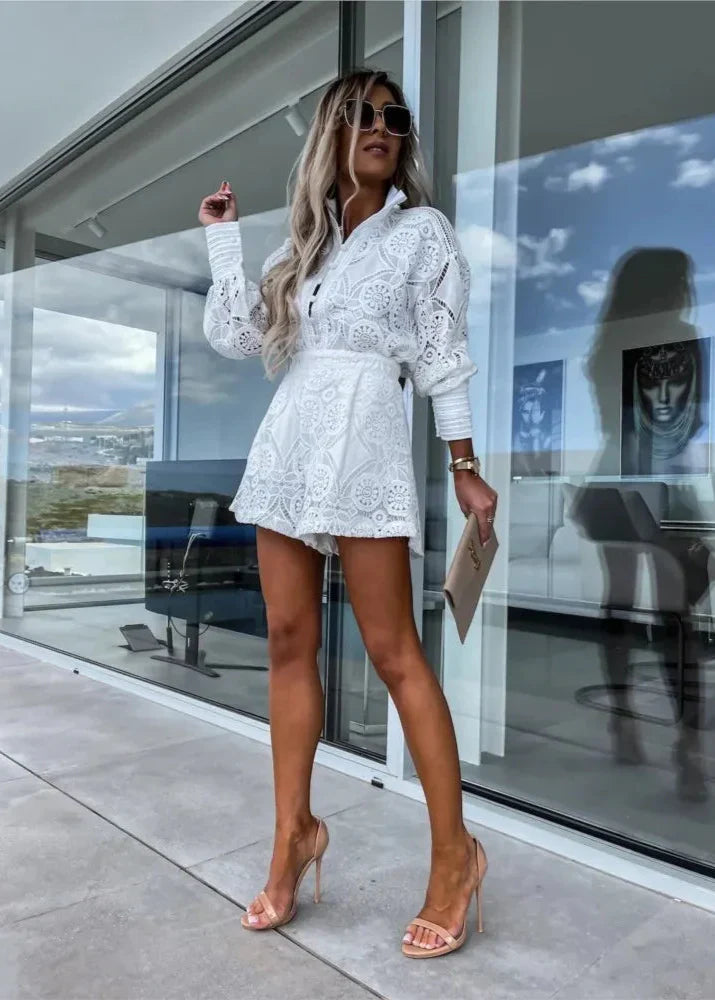 Caitlin - Elegant White Lace Shirt & Shorts Set