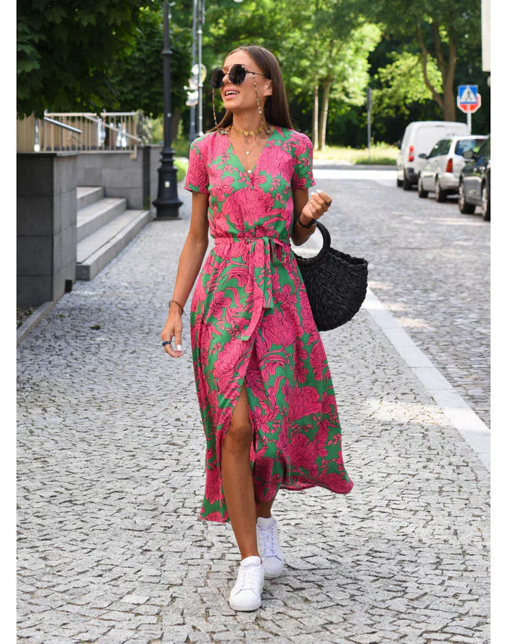 ROSALIND - ELEGANT V-NECK DRESS WITH MIDRIFF COVERAGE