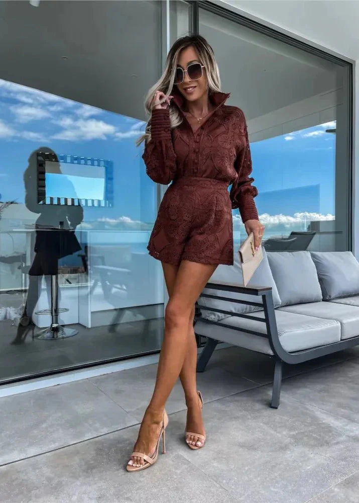 Caitlin - Elegant White Lace Shirt & Shorts Set