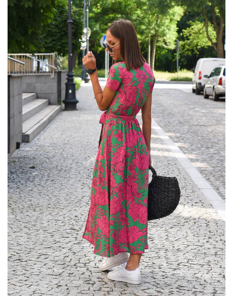 ROSALIND - ELEGANT V-NECK DRESS WITH MIDRIFF COVERAGE
