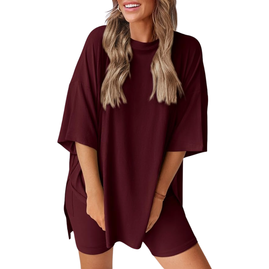 Mavis - Women’s Loose Fit Solid Color Shirt And Short Set
