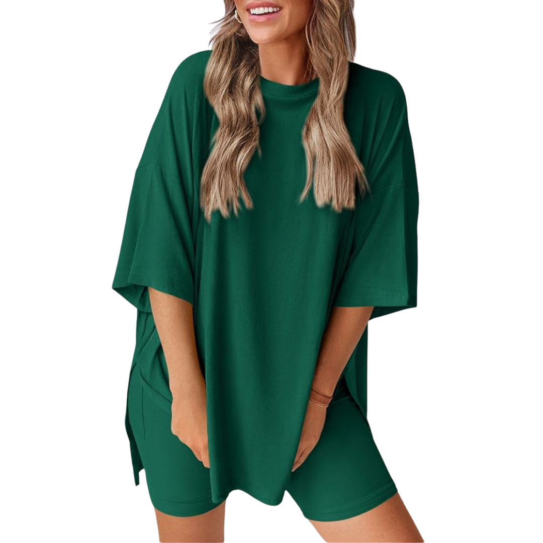 Mavis - Women’s Loose Fit Solid Color Shirt And Short Set