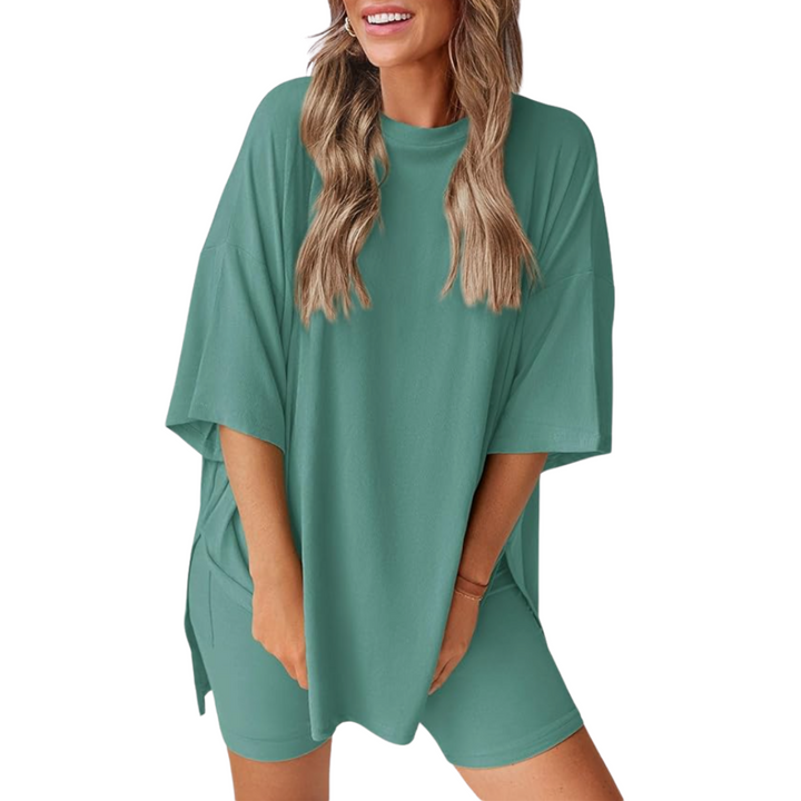 Mavis - Women’s Loose Fit Solid Color Shirt And Short Set