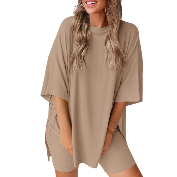 Mavis - Women’s Loose Fit Solid Color Shirt And Short Set