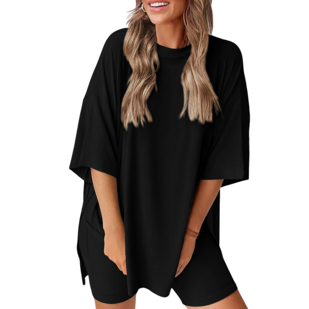 Mavis - Women’s Loose Fit Solid Color Shirt And Short Set
