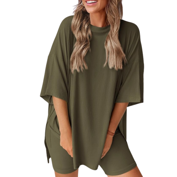 Mavis - Women’s Loose Fit Solid Color Shirt And Short Set