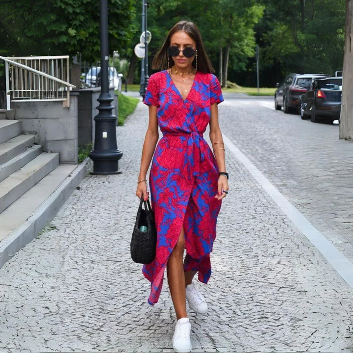ROSALIND - ELEGANT V-NECK DRESS WITH MIDRIFF COVERAGE