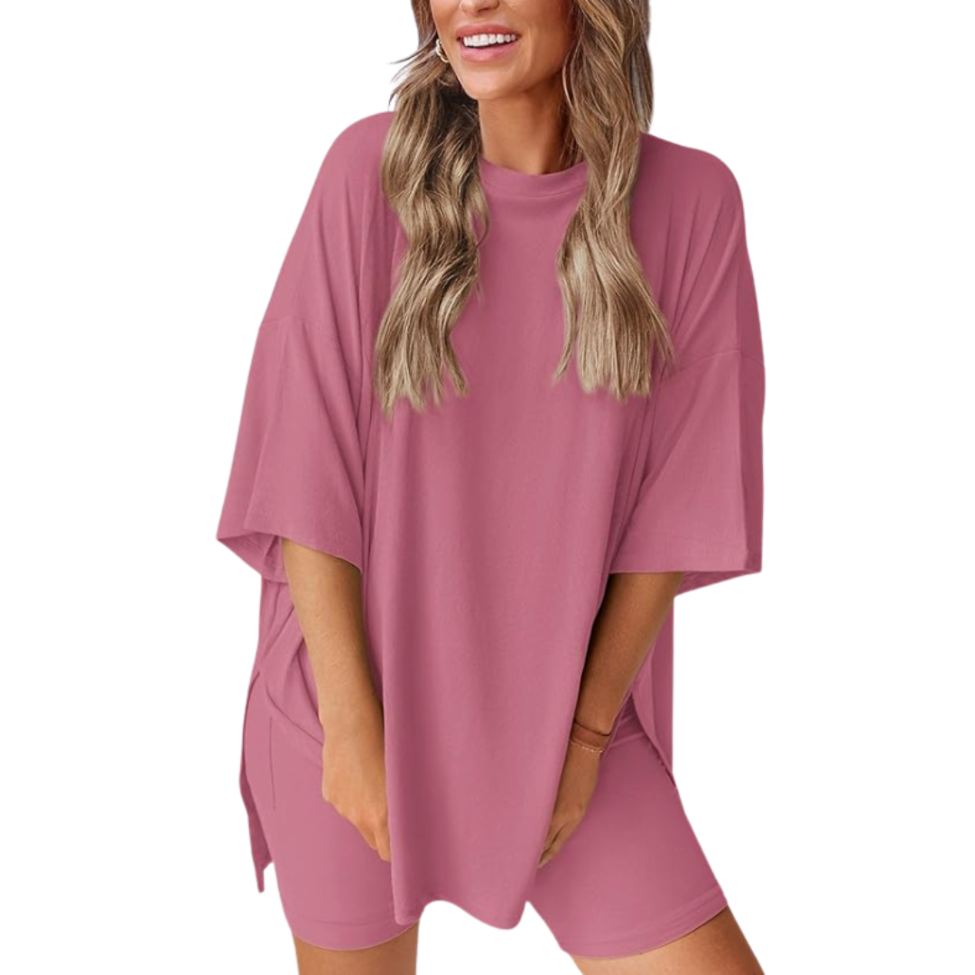 Mavis - Women’s Loose Fit Solid Color Shirt And Short Set