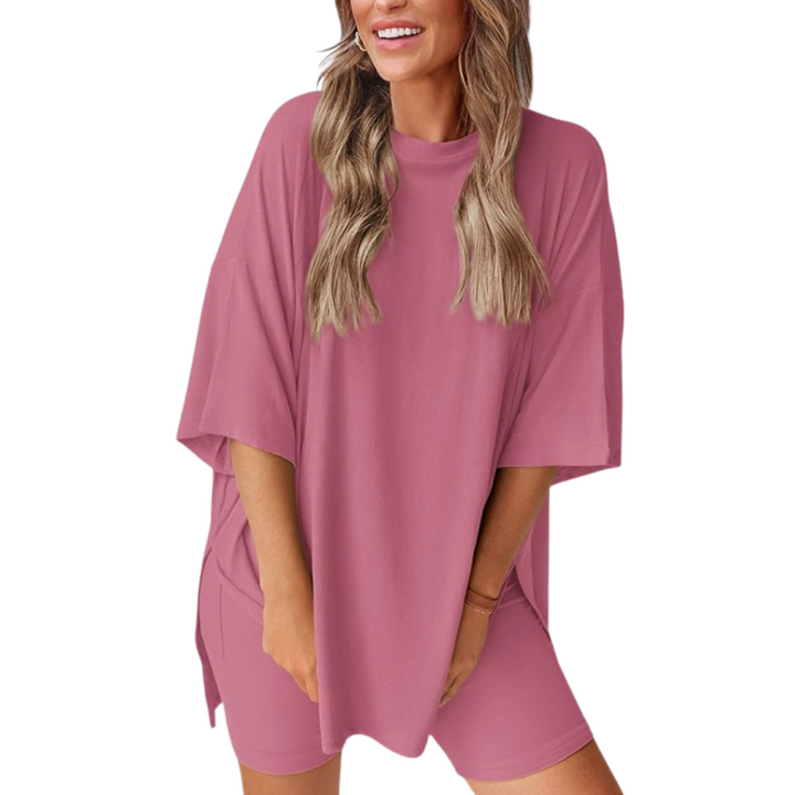 Mavis - Women’s Loose Fit Solid Color Shirt And Short Set