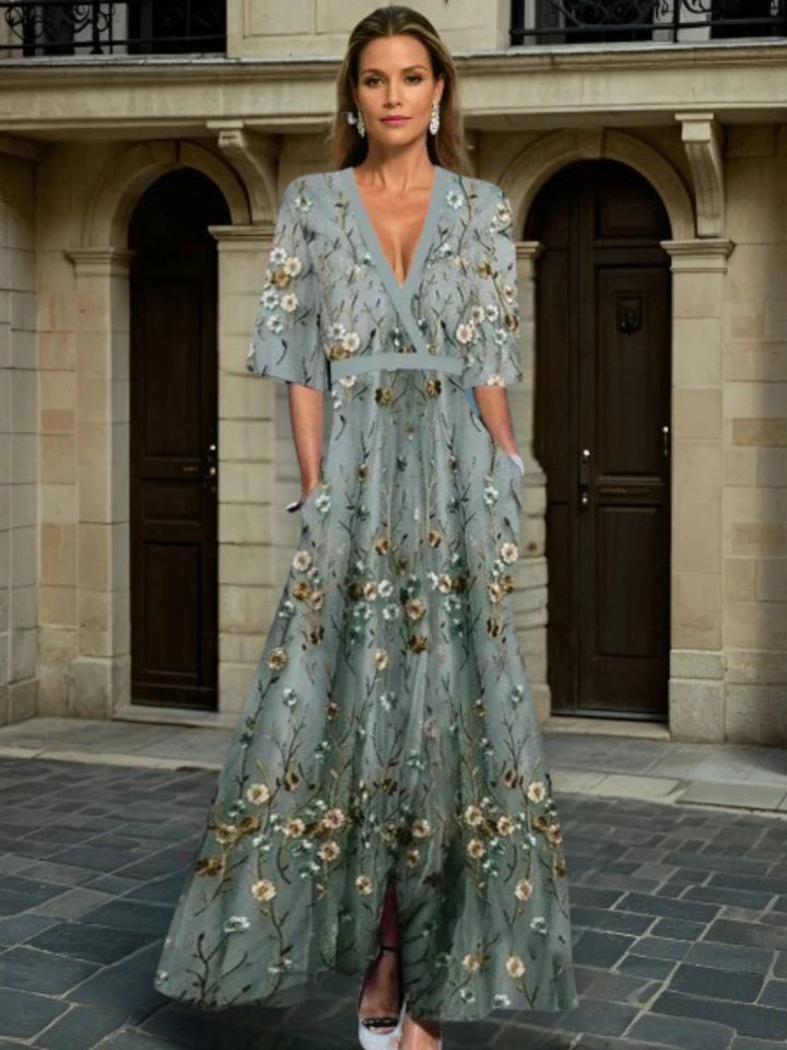GALATEA - ELEGANT V-NECK BELTED BOHO DRESS