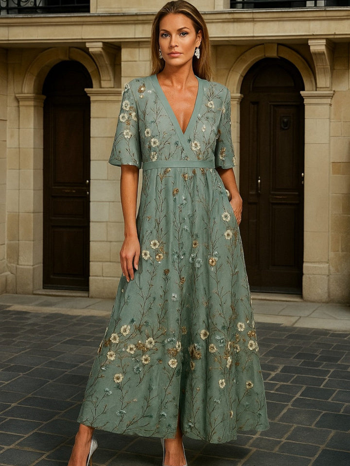 GALATEA - ELEGANT V-NECK BELTED BOHO DRESS