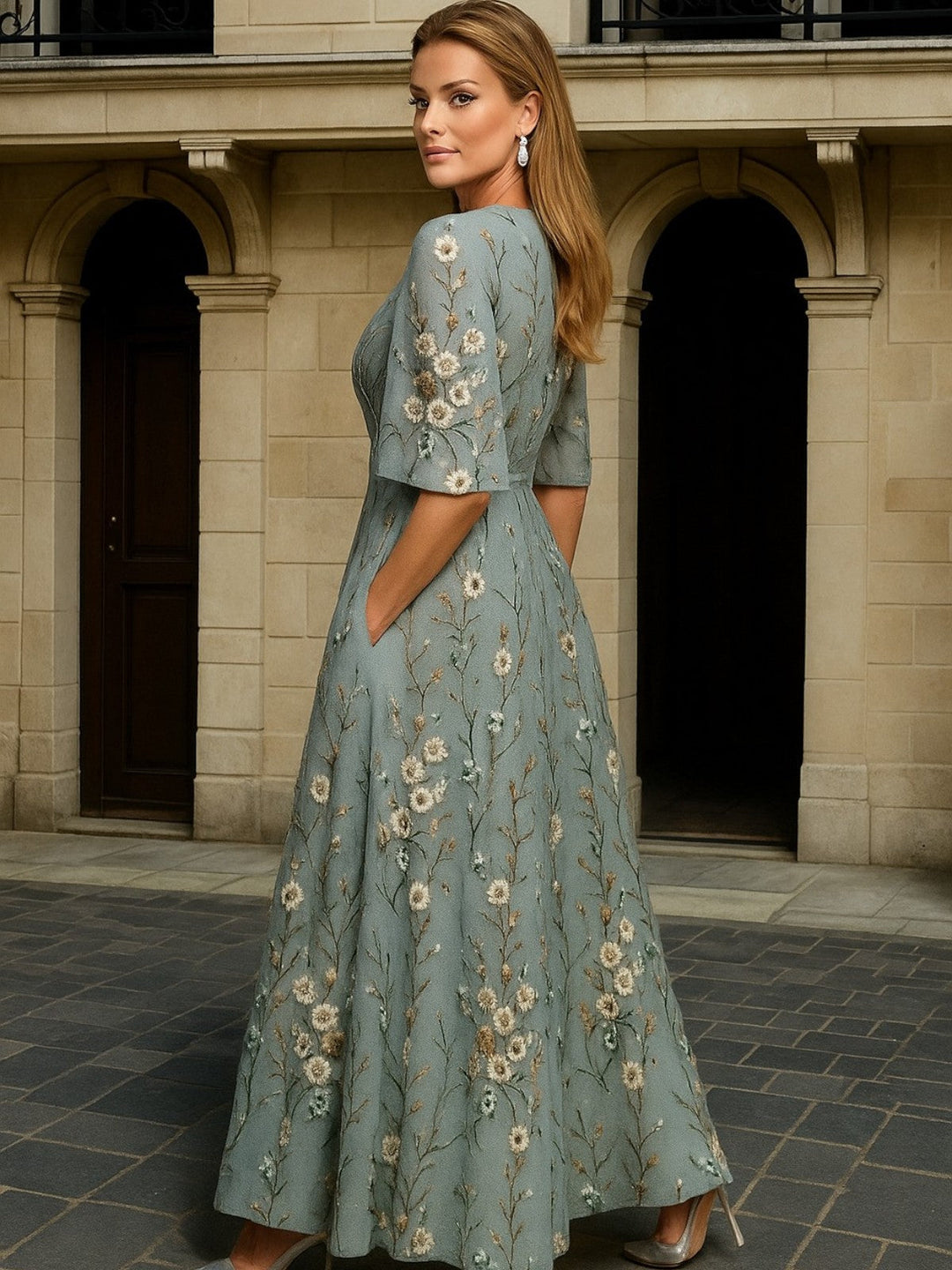 GALATEA - ELEGANT V-NECK BELTED BOHO DRESS