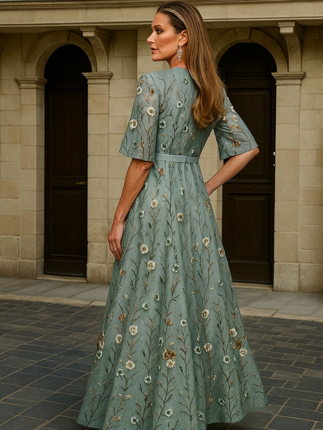 GALATEA - ELEGANT V-NECK BELTED BOHO DRESS