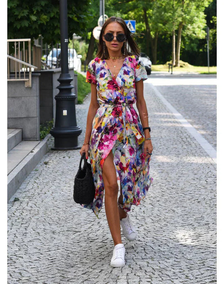 ROSALIND - ELEGANT V-NECK DRESS WITH MIDRIFF COVERAGE