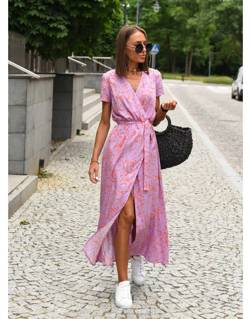 ROSALIND - ELEGANT V-NECK DRESS WITH MIDRIFF COVERAGE