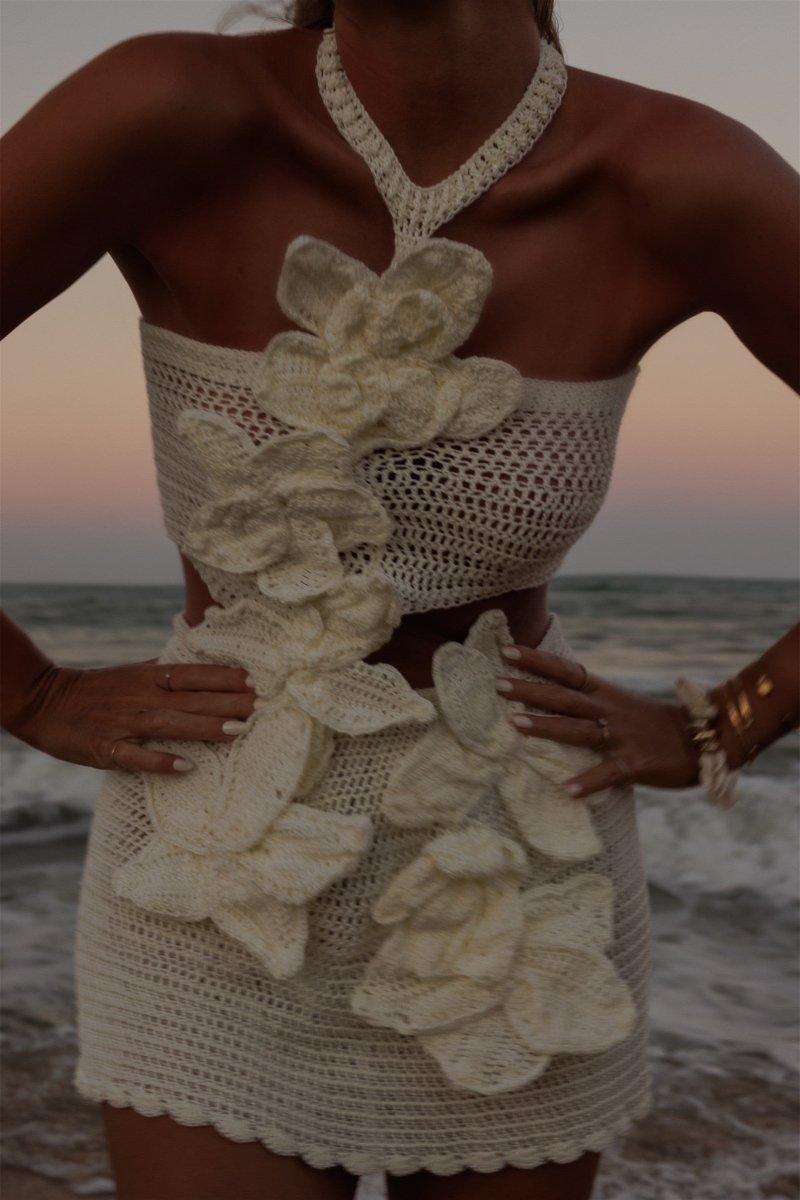 Dovie - 3D Floral Design Halter Knit Mini Dress
