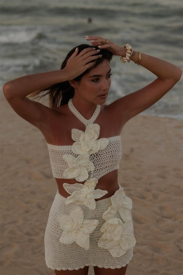 Dovie - 3D Floral Design Halter Knit Mini Dress